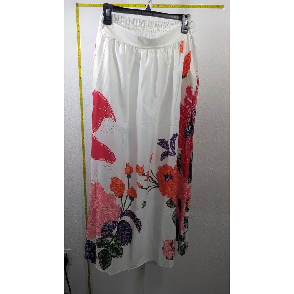 Floral Maxi Skirt White Pink‎ Orange Boho Elastic Waist A-Line Long Skirt